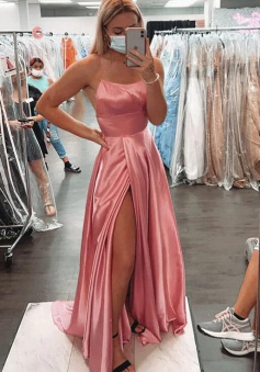 Gorgeous Straps Pink Prom Dress with Slit