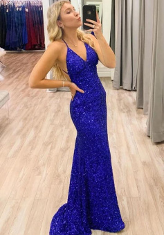 A Line Royal Blue Sequins Prom Dress with Cross Back