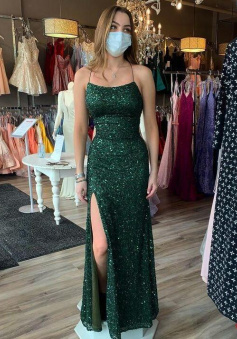 Sheath Scoop Neck Dark Green Sequins Prom Dresses