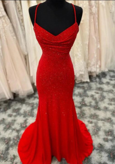 Simple Mermaid Long Red Prom Dress with Rhinestones