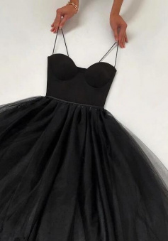 Smple a line long black tulle prom dress