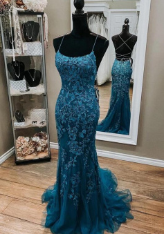 Mermaid Dark Teal Lace Long Prom Dress