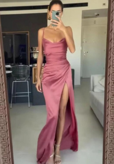 Simple modest dusty rose pink prom dress