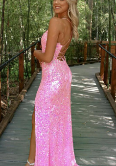 Mermaid Pink Sequins Long Split Prom Dress