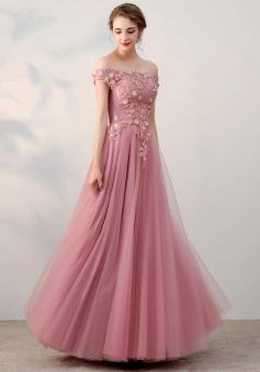 A-line Off-the-shoulder Pink Tulle Prom Dress