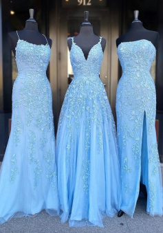 Spaghetti Straps Long Prom Dresses With Applique