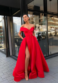A-line Off-the-Shoulder Red Prom Dress With Slit