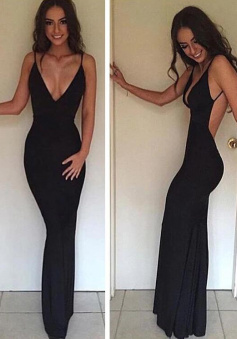 Chic A Line V Neck Black Prom Dresses