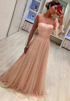 A-line Prom Dresses Beading Pink Evening Dress With Long Sleeves