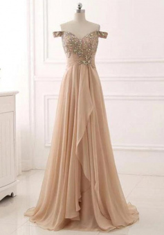 A-line Long Off-the-shoulder Evening Dresses With Beading