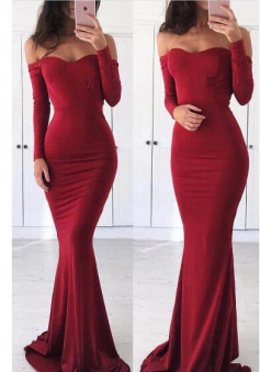 Off-the shoulder Burgundy Long Sleeve Evening Dress