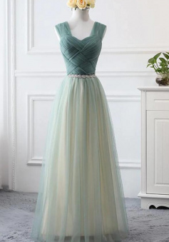 A Line Open Back Floor Length Tulle Prom Dress