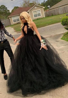 Halter Black Tulle Ball Gown Prom Dress