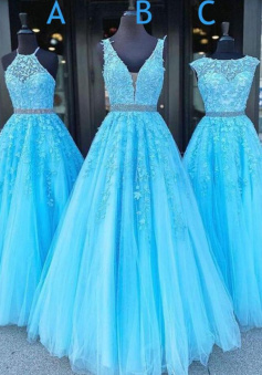 Floor Length A Line Lace Prom Dresses with Beading Belt