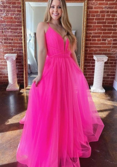 A Line V Neck Sweetheart Tulle Pink Prom Dress