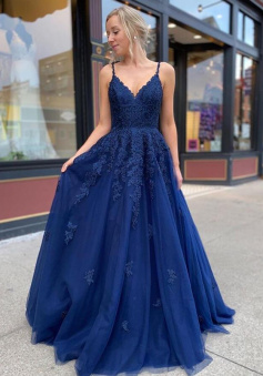 A Line Dark Navy Lace Up Backless Lace Prom Dress