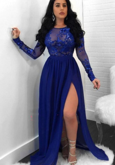 A Line Long Sleeves Chiffon Royal Blue Prom Dresses With Side Slit
