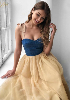 Simple Blue and Champagen Tea Length Prom Dress