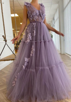 A LinePurple V Neck Tulle Prom Dresses