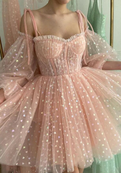 Puff Sleeves Blush Pink Tulle Short Prom Dresses