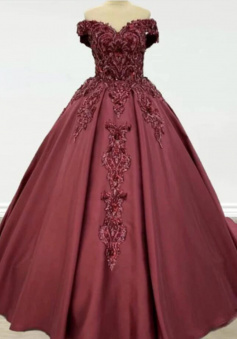 Gorgeous Burgundy Off the Shoulder Ball Gown Lace Prom Gown