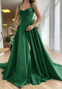 Mermaid Emerald Green Satin A Line High Slit Prom Dress