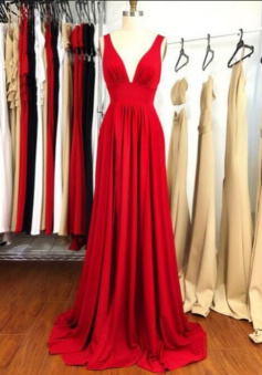 Elegant V Neck Red Long Prom Dress