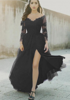 Elegant Black Long Sleeves Tulle Formal Dress with Slit