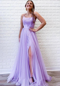 Fashion Lilac Long Lace Prom Dress with Slit