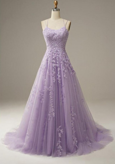 Simple Long Lilac Lace Prom Dress with Straps
