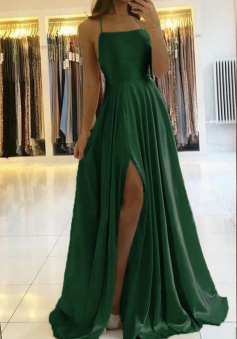 Spaghetti Straps Slit Dark Green Prom Dress