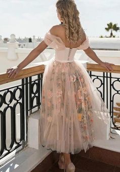 Off Shoulder Pink Tea Length Short Prom Dress With Flowers