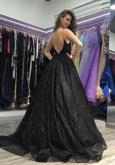 Spaghetti Straps Sexy Black Prom Dress sequins Long Formal Gown