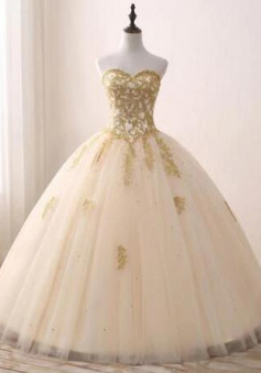 Princess Sweetheart Champagne Ball Gown Prom Dresses with Gold Lace