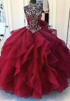 High Neck Ball Gown Sweet 16 Quinceanera Gown Organza Prom Dress