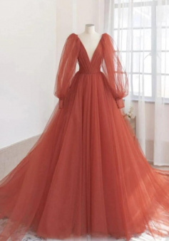 A line v neck tulle prom evening dress