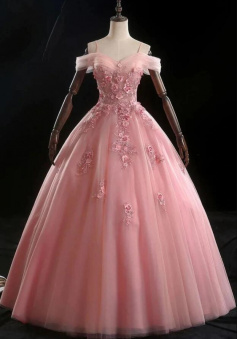 Off Shoulder Pink Tulle Prom Dress with Flowers