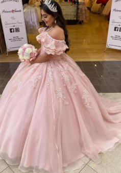 Off The Shoulder Princess Pink Ball Gown Prom Dress