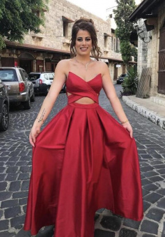 A line v neck red prom dress evening dress