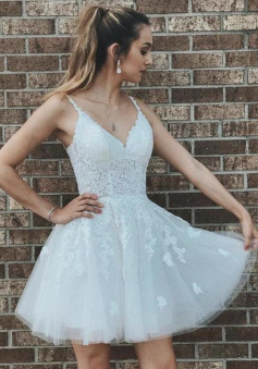 A Line V Neck lace short prom dress