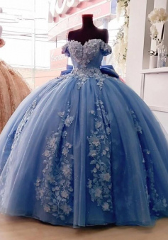 Off Shoulder Sweetheart Blue Ball Gown Prom Dress With Bow Knot