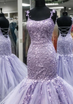 Spaghetti Strap Long Lavender Tulle Lace Prom Dress for Women