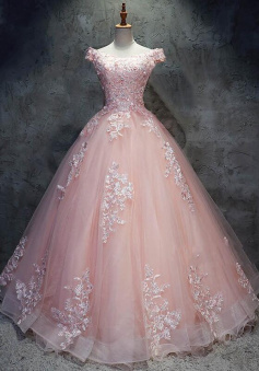 A Line Off Shoulder Pink Lace Ball Gown Prom Dresses