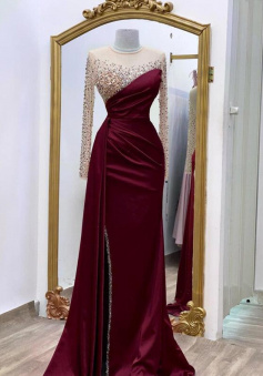 A Line Split Side Long Burgundy Prom Dress for Women
