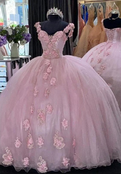 Princess Pink Floral Quinceanera Dresses With Lace