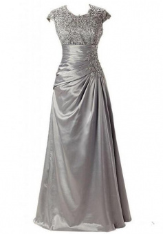 Elegant Grey Satin Long Mother of the Bride Dress with Cap Sleeve