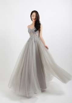 Spaghetti Strap Silver Tulle Prom Dresses With Split Side