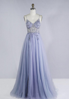 Elegant Spaghetti Strap Lilac Beaded Prom Dresses