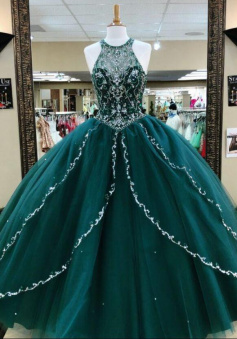 Emerald Green Ball Gown Beaded Prom Dress Formal Dress