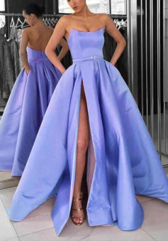 A Line Lavender Satin Slit Evening Dress